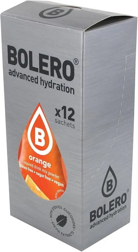 Bolero Sticks Sabor Naranja, Caja de 12x3g. Bebida instantánea en polvo sin azúcar con Stevia y Vitamina C, ideal para tu botella de agua y para llevar a cualquier parte.