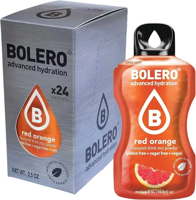 Bolero Sticks Sabor Naranja Roja, Caja de 24x3g. Bebida en polvo soluble sin azúcar, con Stevia y Vitaminas. Ideal para llevar, sin gluten, sin lactosa y bajo en calorías.