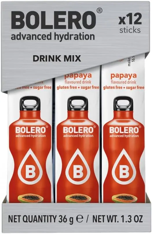 Bolero Sticks Sabor Papaya, Caja de 12x3g. Bebida en polvo sin azúcar, baja en calorías y con Stevia para una hidratación refrescante y saludable.