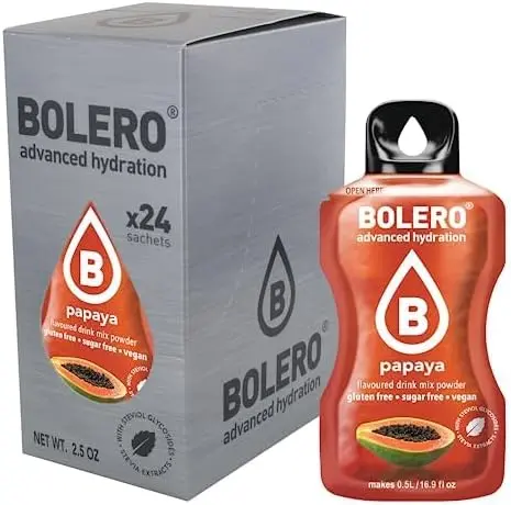 Bolero Sticks Sabor Papaya, Caja de 24x3g. Bebida en polvo sin azúcar para llevar, con Stevia y Vitamina C. Ideal para niños, deportistas y veganos, sin gluten y bajo en calorías.