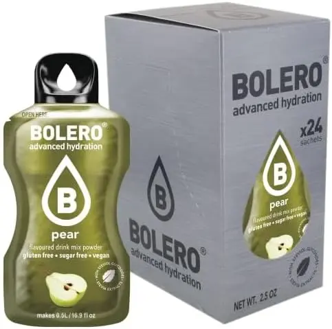Bolero Sticks Sabor Pera, Caja de 24x3g. Bebida en polvo sin azúcar para llevar, con Stevia y Vitamina C. Ideal para niños, deportistas y veganos, sin gluten y bajo en calorías.
