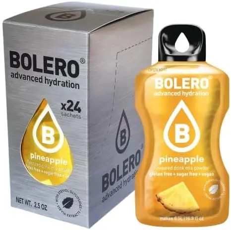 Bolero Sticks Sabor Piña, Caja de 24x3g. Bebida en polvo sin azúcar para llevar, con Stevia y Vitaminas. Ideal para tu botella de agua, sin gluten, sin lactosa y bajo en calorías.
