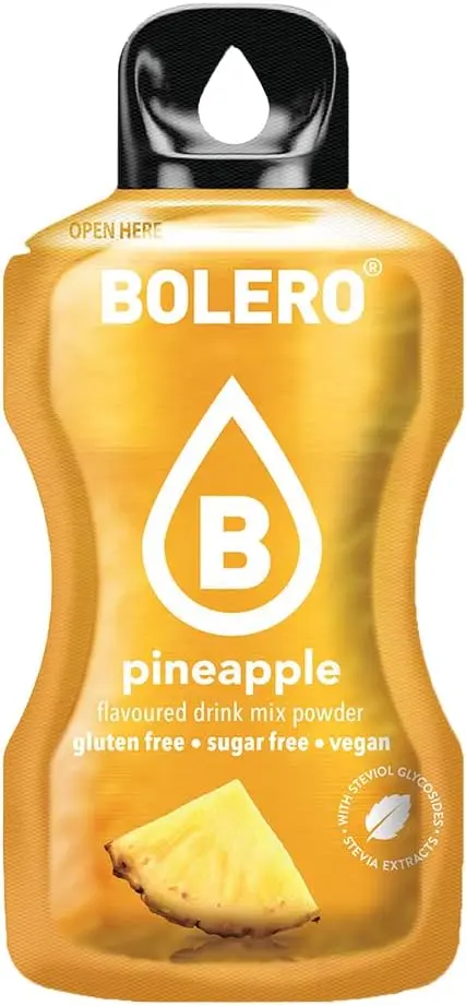 Bolero Sticks Sabor Piña, Pack de 12x3g. Bebida instantánea sin azúcar, baja en calorías y con Stevia para una hidratación avanzada con un delicioso toque tropical.