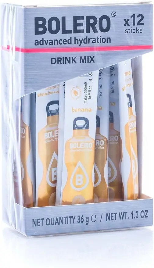 Bolero Sticks Sabor Plátano, Caja de 12x3g. Bebida instantánea sin azúcar, baja en calorías y con Stevia para una hidratación avanzada con un delicioso sabor.