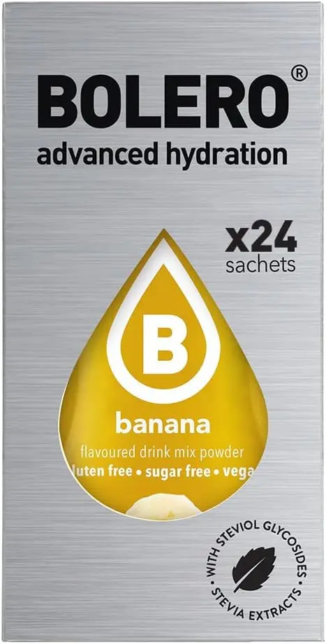 Bolero Sticks Sabor Plátano, Caja de 24x3g. Bebida en polvo soluble sin azúcar, con Stevia y Vitaminas. Ideal para llevar, sin gluten, sin lactosa y bajo en calorías.