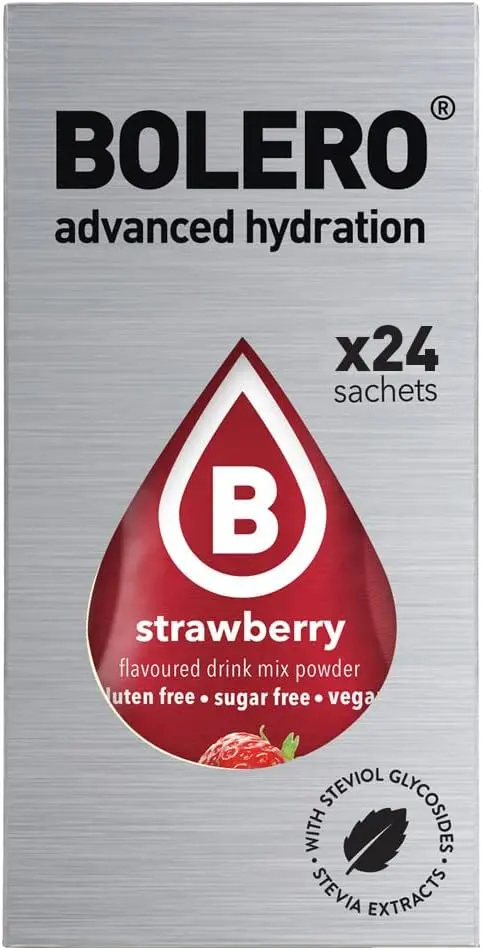 Bolero Sticks Sabor Plátano y Fresa, Caja de 24x3g. Bebida en polvo sin azúcar con Stevia y Vitaminas. Ideal para tu botella de agua, sin gluten, sin lactosa y bajo en calorías.