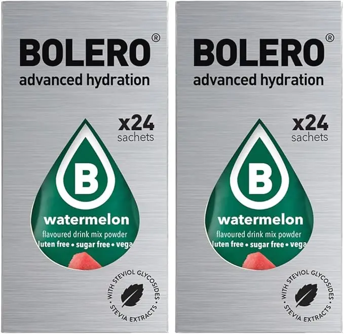 Bolero Sticks Sabor Sandía, 48x3g. Bebida en polvo para llevar sin azúcar, baja en calorías y endulzada con Stevia para un refresco veraniego instantáneo.