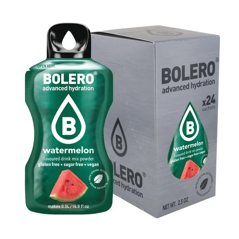 Bolero Sticks Sabor Sandía, Caja de 24x3g. Bebida instantánea sin azúcar para llevar, con Stevia y Vitaminas. Ideal para tu botella de agua, sin gluten, sin lactosa y bajo en calorías.