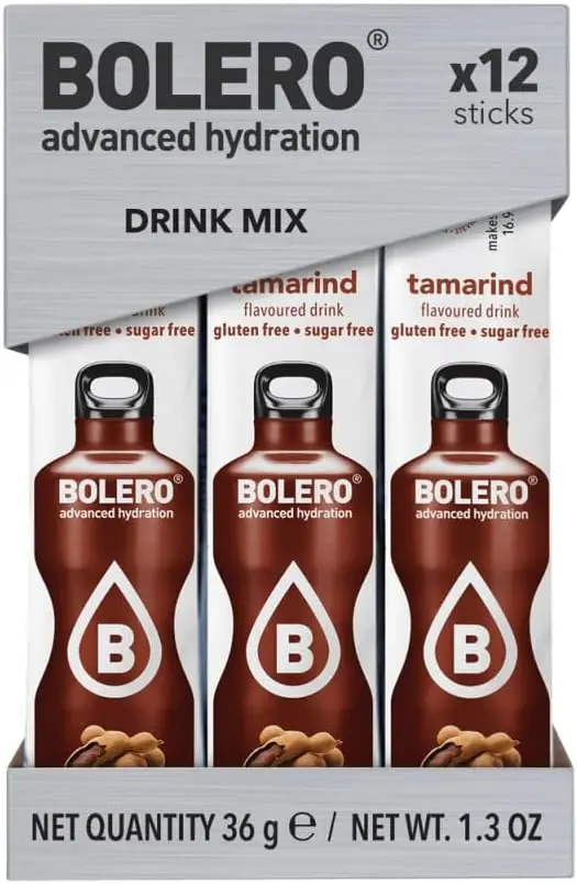 Bolero Sticks Sabor Tamarindo, Caja de 12x3g. Bebida en polvo sin azúcar, baja en calorías y con Stevia para una hidratación refrescante y saludable.