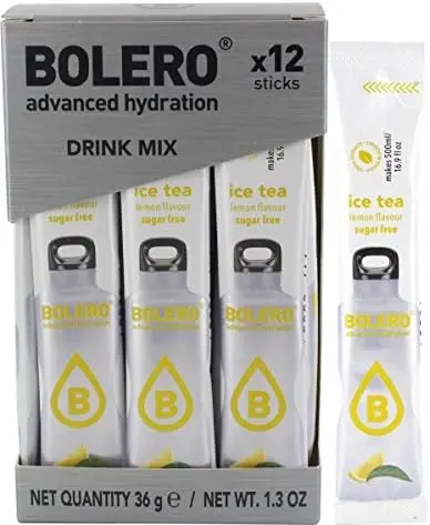 Bolero Sticks Sabor Té Helado de Limón, Caja de 12x3g. Un refresco en polvo sin azúcar, sin aspartamo y con Stevia para una hidratación refrescante y saludable.
