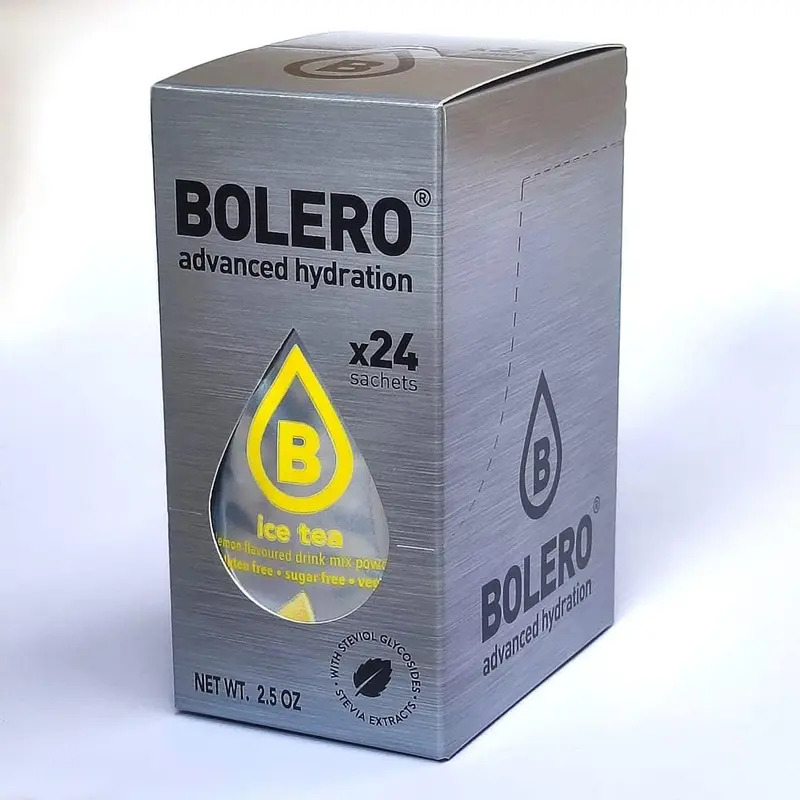 Bolero Sticks Sabor Té Helado de Limón, Caja de 24x3g. Bebida en polvo sin azúcar para llevar, con Stevia y Vitamina C. Ideal para niños, deportistas y veganos, sin gluten y bajo en calorías.