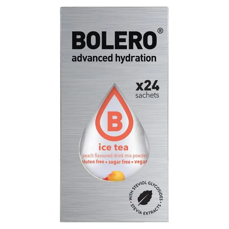 Bolero Sticks Sabor Té Helado de Melocotón, 24x3g. Bebida en polvo para 500ml de agua, sin azúcar, sin gluten, sin lactosa y endulzada con Stevia.