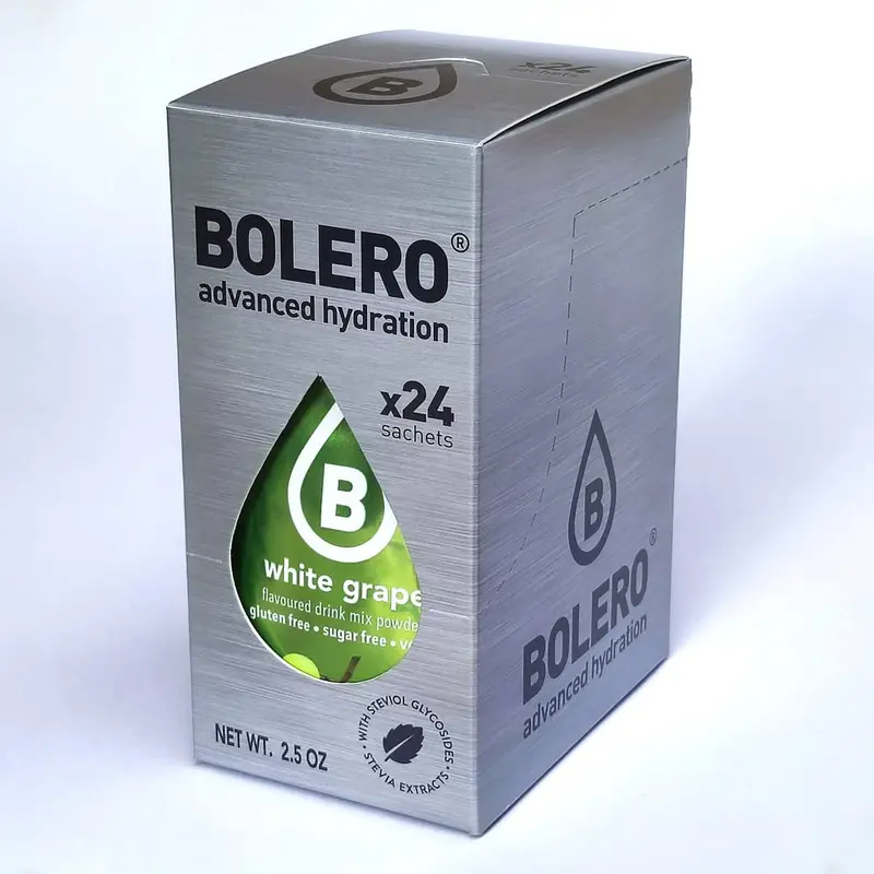 Bolero Sticks Sabor Uva Blanca, Caja de 24x3g. Bebida en polvo sin azúcar para llevar, con Stevia y Vitaminas. Ideal para niños, deportistas y veganos, sin gluten y bajo en calorías.