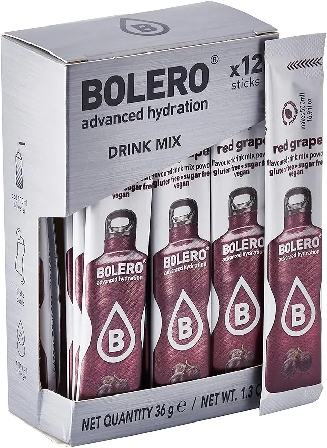 Bolero Sticks Sabor Uva Roja, Caja de 12x3g. Bebida en polvo sin azúcar, baja en calorías y con Stevia para una hidratación refrescante y saludable.