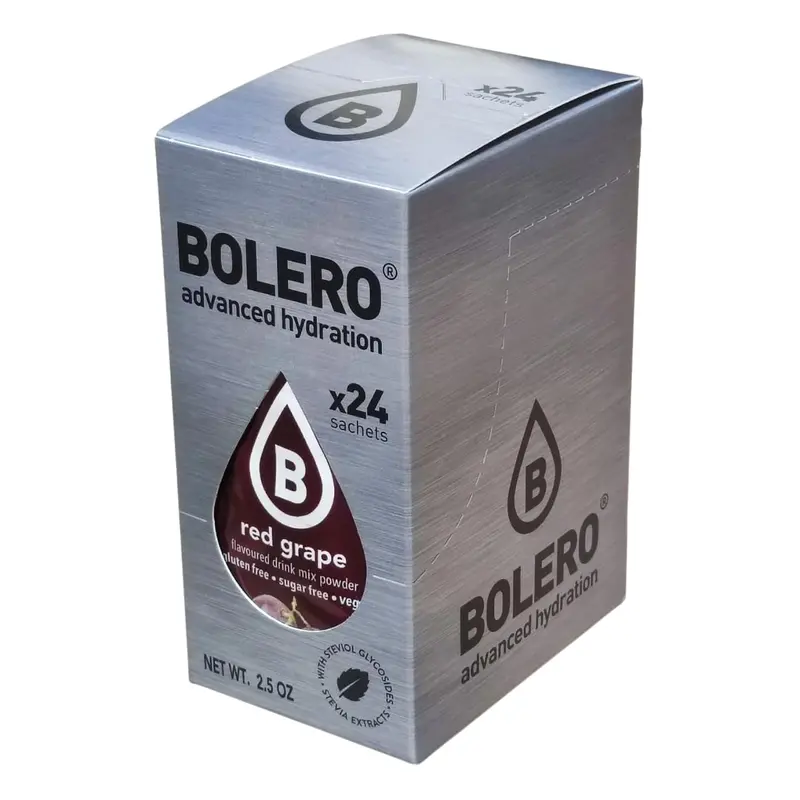 Bolero Sticks Sabor Uva Roja, Caja de 24x3g. Bebida en polvo sin azúcar, baja en calorías y con Stevia para una hidratación refrescante y saludable.