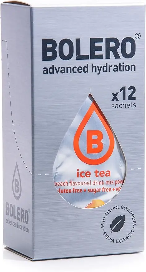 Bolero Sticks Té Helado Sabor Melocotón, Caja de 12x3g. El preparado en polvo para tu botella de agua, sin azúcar y con Stevia para una hidratación instantánea y refrescante.