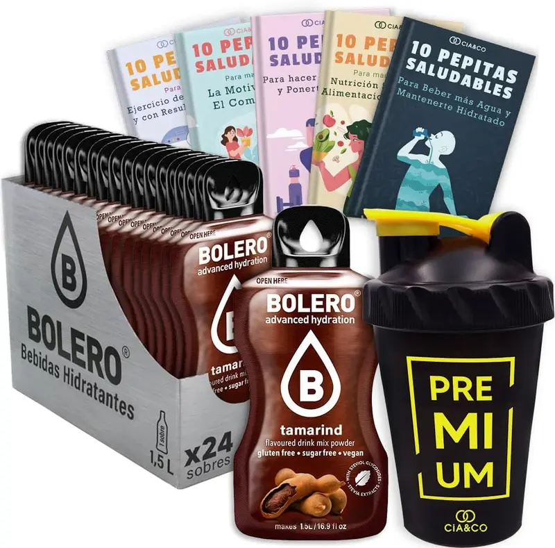 Bolero Tamarindo Sin Azúcar (24x9g) + Shaker Cia&Co (500ml). Pack completo de bebida hidratante con 50 Pepitas Saludables para un estilo de vida activo.