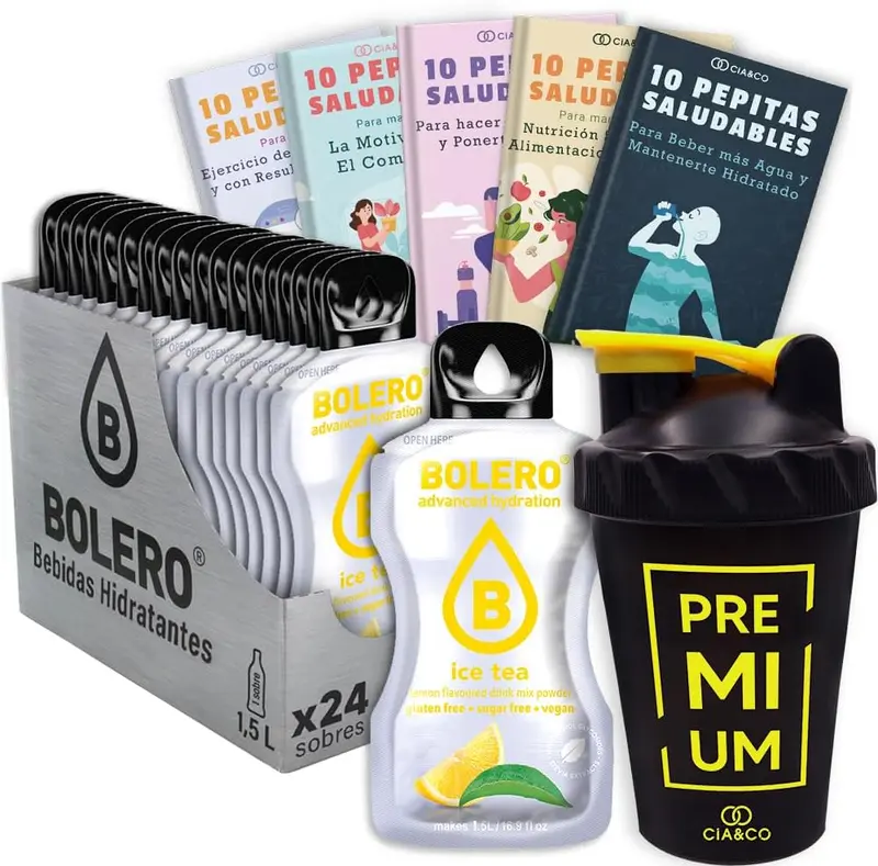 Bolero Té Helado de Limón Sin Azúcar (24x9g) + Shaker Cia&Co (500ml). Pack completo de bebida hidratante con 50 Pepitas Saludables para un estilo de vida activo.