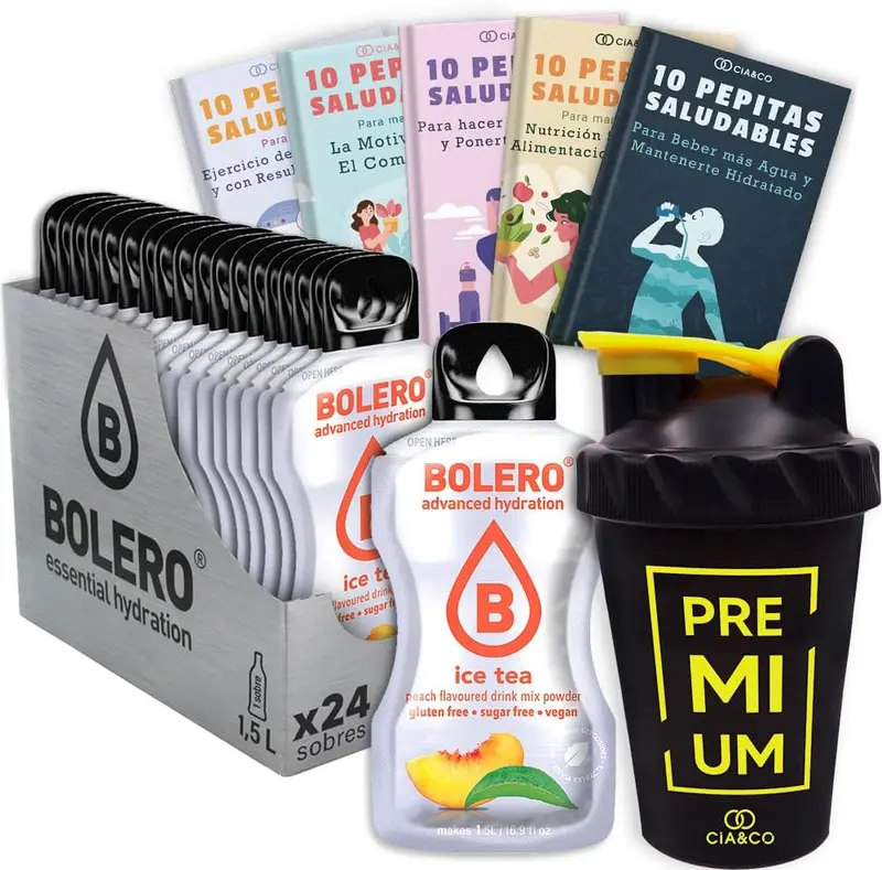 Bolero Té Helado de Melocotón Sin Azúcar (24x9g) + Shaker Cia&Co (500ml). Pack completo de bebida hidratante con 50 Pepitas Saludables para un estilo de vida activo.