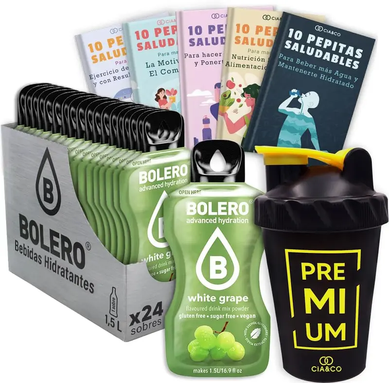 Bolero Uva Blanca Sin Azúcar (24x9g) + Shaker Cia&Co (500ml). Pack completo de bebida hidratante con 50 Pepitas Saludables para un estilo de vida activo.