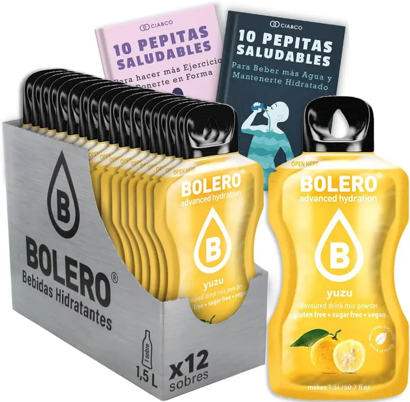 Bolero Yuzu, el cítrico gourmet japonés en tu vaso. Pack de 12 sobres de bebida sin azúcar y con Vitamina C. Incluye 20 Pepitas Saludables de Cia&Co para un bienestar elevado.
