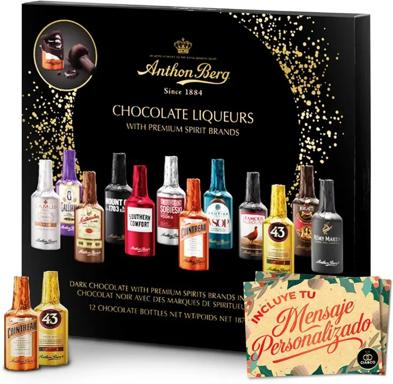 Bombones Anthon Berg 2025 + Tarjeta Personalizable Cia&Co · Chocolate Negro Gourmet Exclusivo Danés con Relleno de Sabores Aromáticos · Regalo Elegante de Navidad y Sofisticado para Adultos · 187 grs