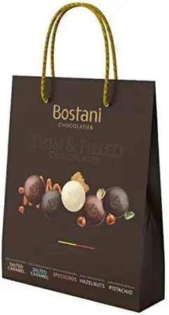 Bostani Surtido de Bombones Belgas Rellenos, bolsa de 500g. Una selección gourmet de chocolate negro, con leche y blanco con 5 deliciosos rellenos diferentes para regalar.