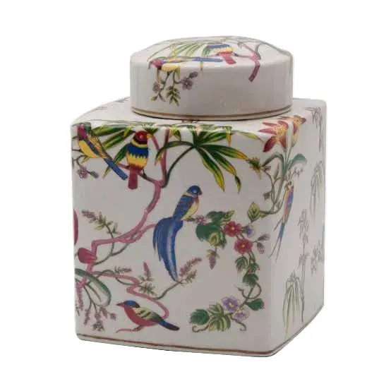 Bote de cerámica con diseño de pájaros y flores