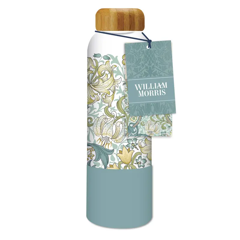 Botella de vidrio con diseño Golden Lily de William Morris y tapa de bambú