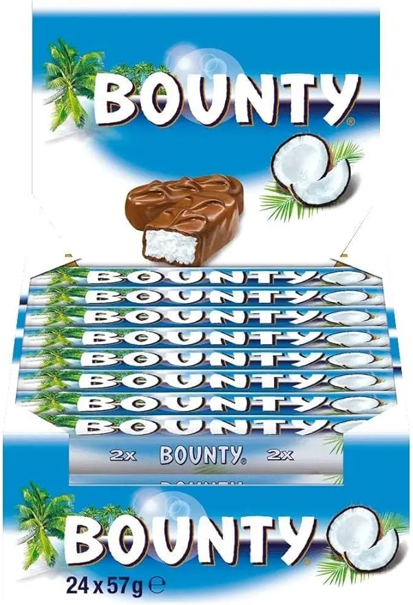 Bounty, la chocolatina de coco cubierta de chocolate con leche, pack de 24 barritas de 57g. Un snack exótico y delicioso ideal para disfrutar en cualquier momento y lugar.