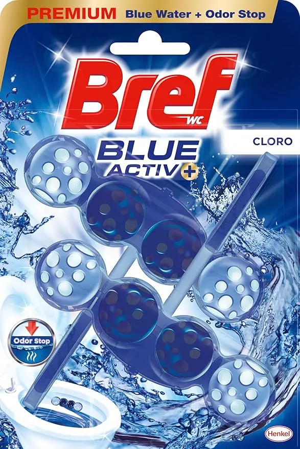 Bref Blue Activ+ Cloro, pack de 2 cestas para WC. Limpiador de inodoro con poder blanqueador, fórmula antical y agua azul para una limpieza visiblemente higiénica y fresca.