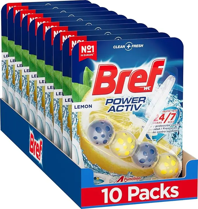 Bref Power Activ' Limón, pack de 10 cestas para WC. Limpiador de inodoro con fórmula 4 en 1 para una limpieza y un intenso frescor cítrico duraderos en cada descarga.
