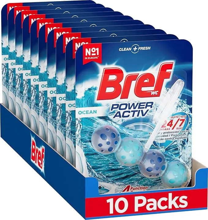 Bref Power Activ' Océano, pack de 10 cestas para WC. Limpiador de inodoro con fórmula 4 en 1 para una limpieza y un intenso frescor marino duraderos en cada descarga.