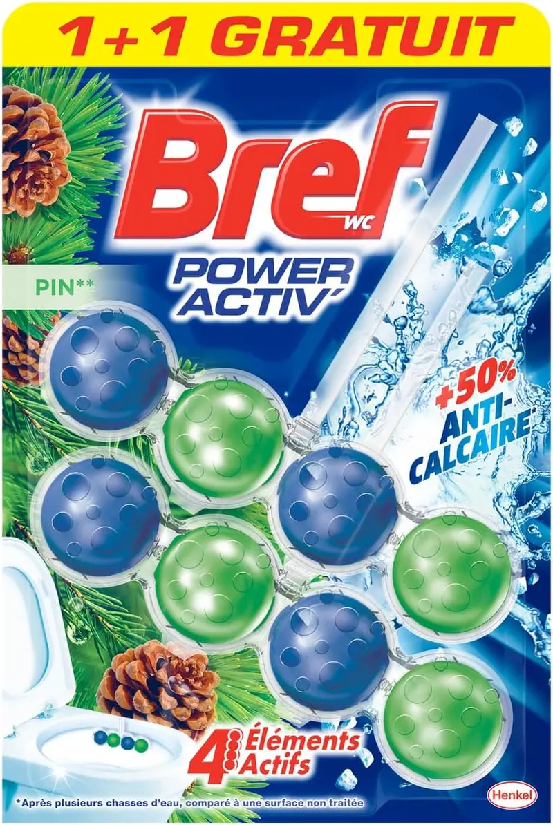 Bref Power Activ' Pin, pack de 6 cestas para WC (3x2 unidades). Limpiador de inodoro con fórmula 4 en 1 para una limpieza y frescor a pino intensos y duraderos en cada descarga.