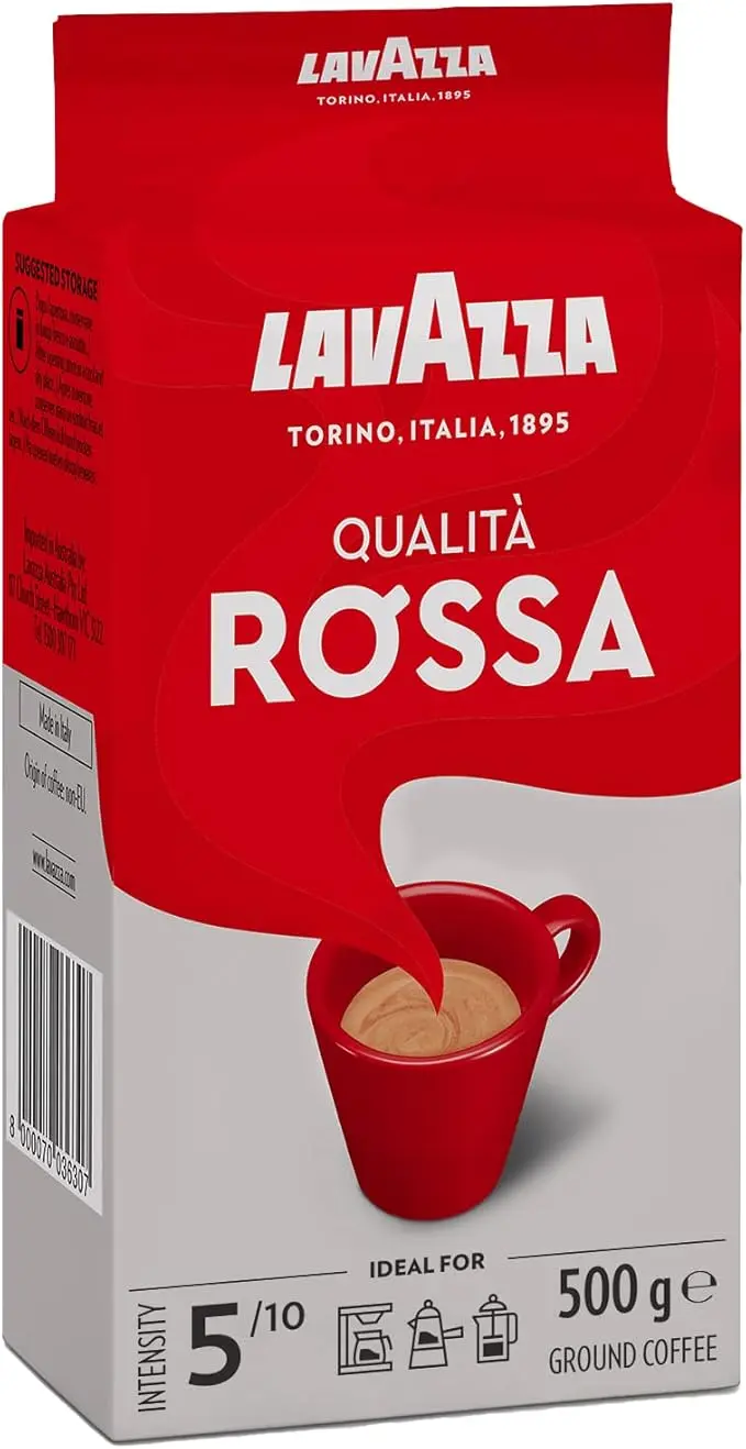 Café Molido Lavazza Qualità Rossa en paquete de 500g. El café italiano icónico, ideal para preparar espresso, cappuccino o latte macchiato con un sabor intenso y equilibrado.