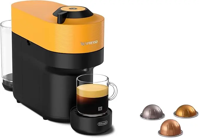 Cafetera Nespresso De'Longhi Vertuo Pop en Amarillo Mango. Una máquina de café automática y compacta con tecnología Centrifusion, 4 tamaños de taza y conectividad inteligente.