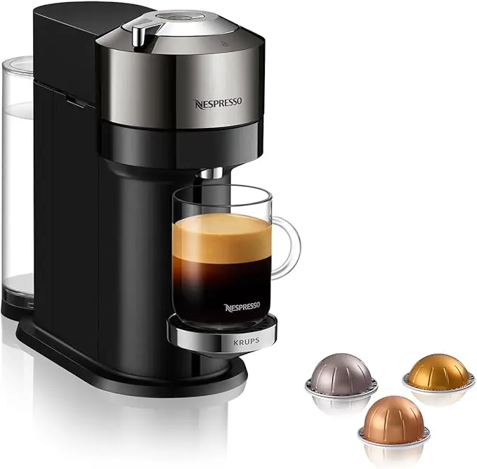 Cafetera Nespresso Vertuo Next de Krups. Una máquina de café de cápsulas con un diseño premium, tecnología Centrifusion y versatilidad para preparar 5 tamaños de taza.