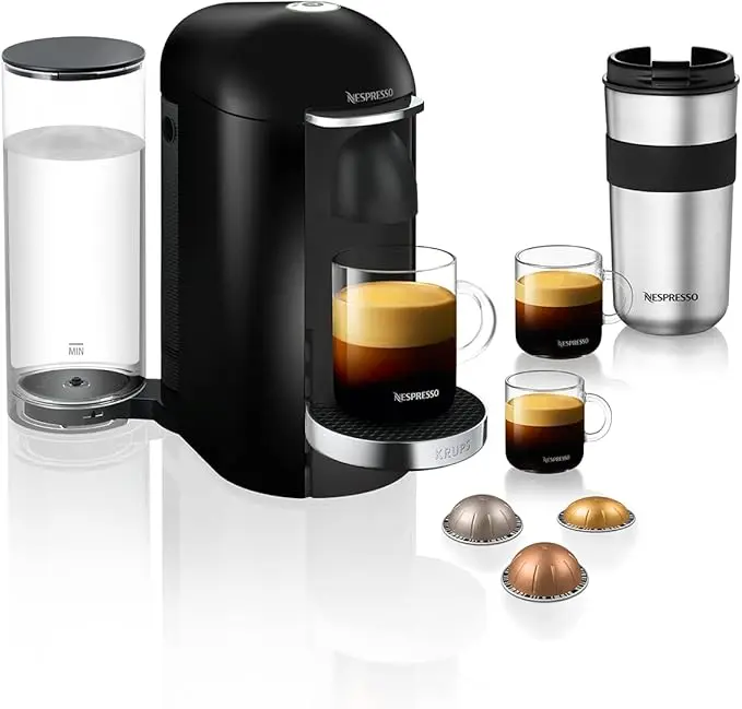 Cafetera Nespresso VertuoPlus de Krups en Negro y Acero. Una máquina de café de cápsulas con sistema One Touch, 5 tamaños de taza y depósito de 1,7L.
