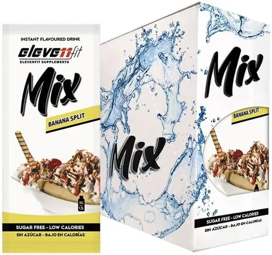 Caja ahorro de 24 sobres de Mix sabor Banana Split de ElevenFit. El postre clásico en una bebida sin azúcar, perfecta para tus batidos y recetas más golosas y saludables.