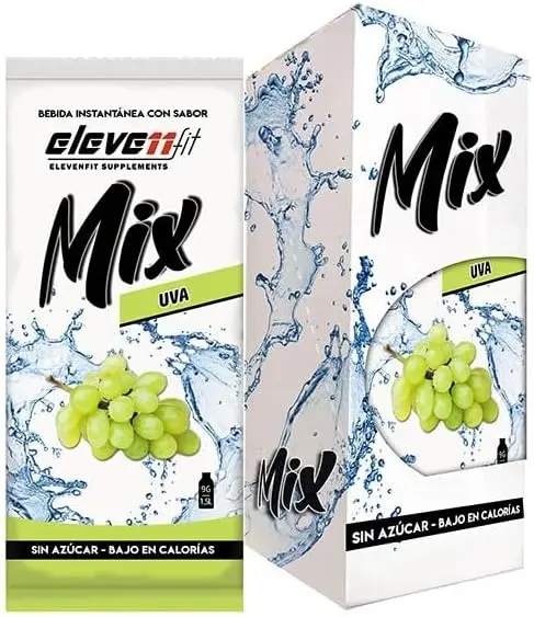 Caja con 12 sobres de bebida instantánea Mix de ElevenFit, sabor Uva Blanca. Una alternativa sin azúcar, ligera y refrescante para una hidratación con un toque elegante.