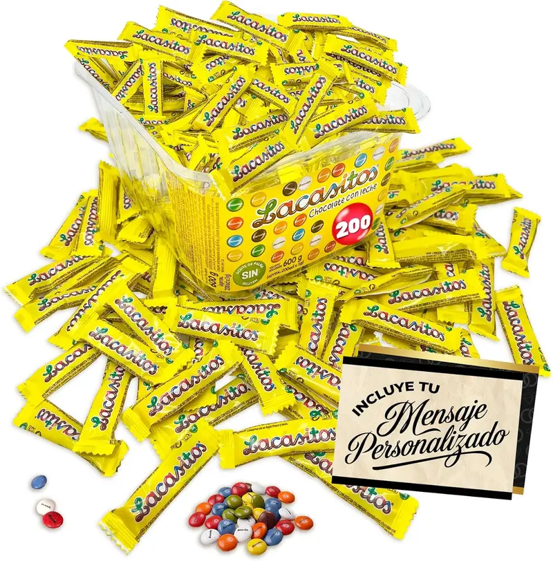 Caja con 200 Packs de 3 Lacasitos · Bolsitas Individuales de Chocolate con Leche · Incluye Tarjeta Personalizable Cia&Co · Ideal para Cumpleaños, Halloween, Fiestas Infantiles y Detalles de Empresa