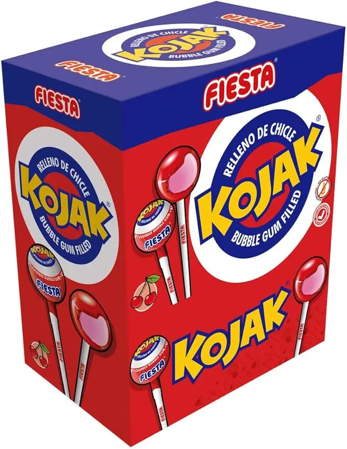 Caja de 100 Caramelos con Palo Kojak sabor Cereza de Fiesta. El clásico caramelo relleno de chicle que ha conquistado a generaciones, ideal para fiestas y eventos.
