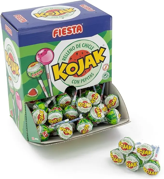 Caja de 100 Caramelos Kojak sabor Sandía de Fiesta. Un refrescante caramelo con palo, relleno de chicle y con divertidas pepitas de azúcar que imitan a una sandía.