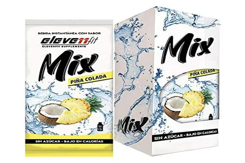 Caja de 12 sobres de bebida Mix sabor Piña Colada de ElevenFit. Disfruta del cóctel más famoso del Caribe en una versión sin azúcar, sin alcohol y baja en calorías.