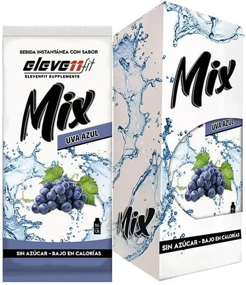 Caja de 12 sobres de bebida Mix sabor Uva Azul de ElevenFit. Una opción deliciosa y sin azúcar para disfrutar de una hidratación intensa y llena de sabor a fruta.