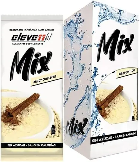 Caja de 12 sobres de Mix sabor Arroz con Leche de ElevenFit. Disfruta del postre tradicional en una bebida sin azúcar, cremosa y perfecta para tus recetas saludables.