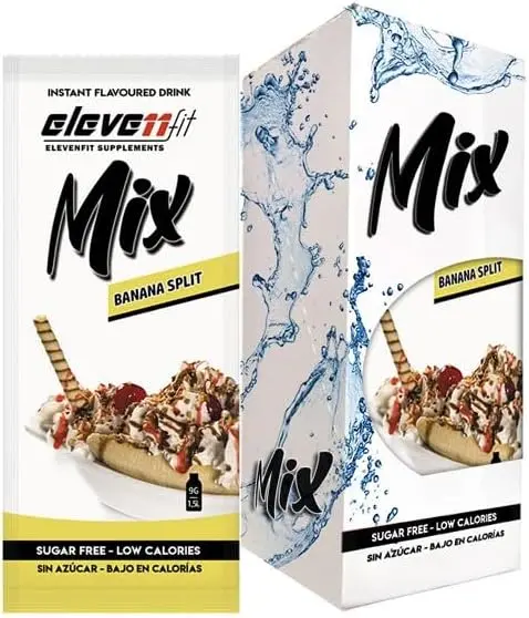 Caja de 12 sobres de Mix sabor Banana Split de ElevenFit. Disfruta del clásico postre sin azúcar en una bebida versátil, deliciosa y perfecta para tu dieta.