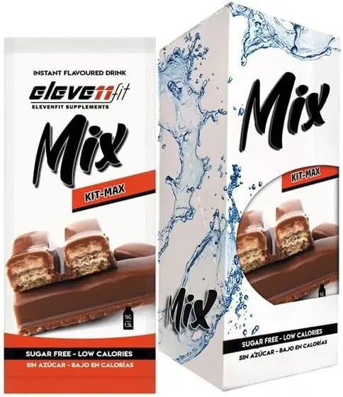 Caja de 12 sobres de Mix sabor Kitmax de ElevenFit. El sabor a barquillo crujiente con chocolate sin azúcar, para que disfrutes de tu break de la forma más saludable.