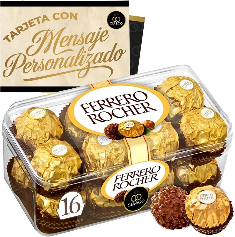 Caja de 16 Bombones Ferrero Rocher (200g) con Tarjeta Personalizada Cia&Co. El regalo perfecto para cumpleaños, aniversarios y agradecimientos, con un mensaje único para esa persona especial.