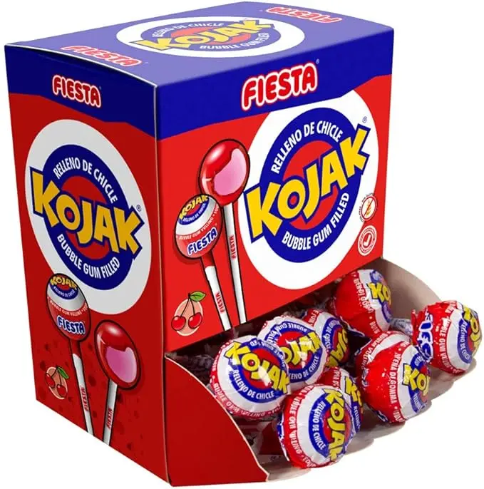 Caja de 20 Caramelos Kojak de Cereza con Relleno de Chicle. El formato ideal para compartir en familia o para darte un capricho con el sabor auténtico de Fiesta.